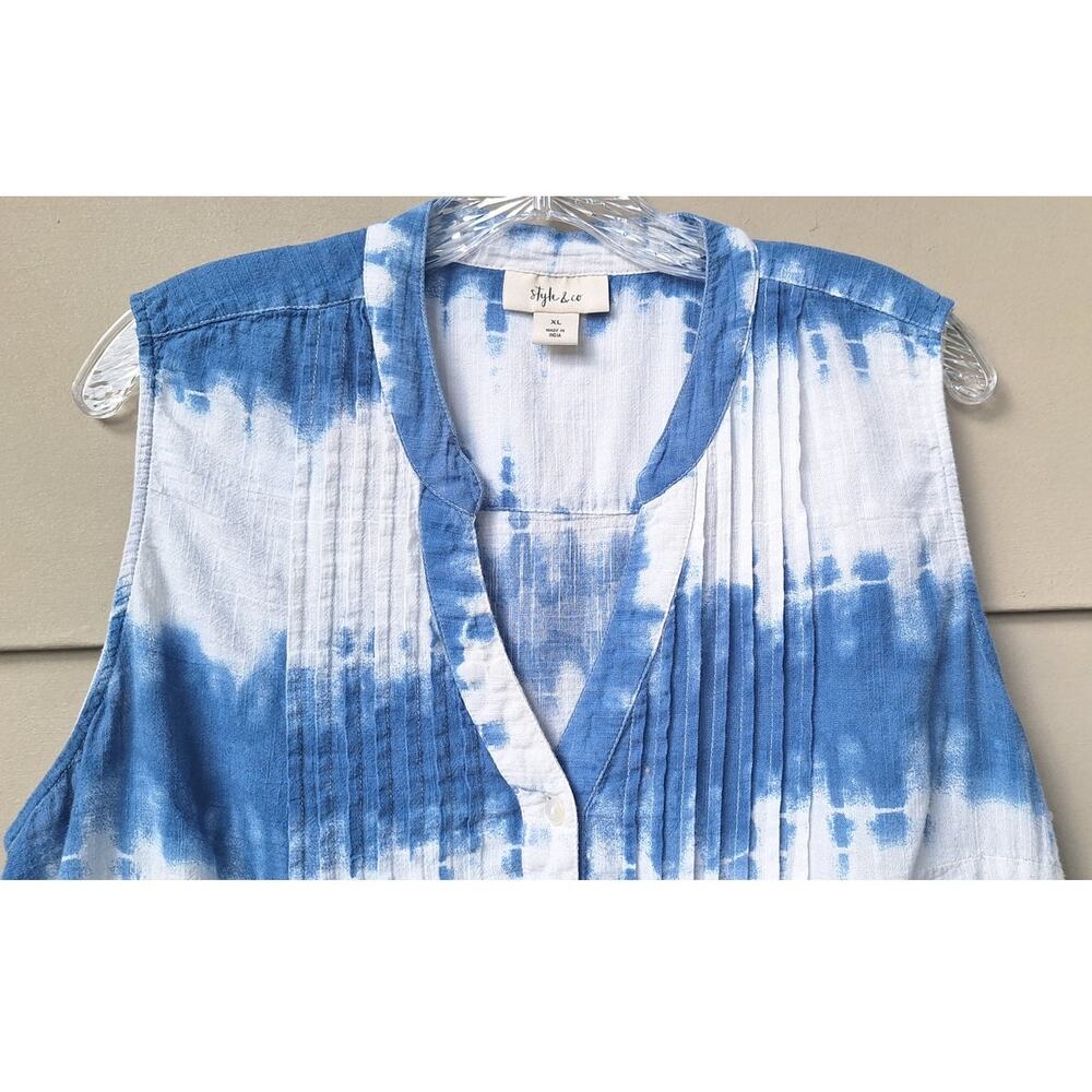 Style & Co Eyelet Pleated Tie Dye 100% Cotton Tank Top Tunic Blue White XL Boho - Picture 6 of 10